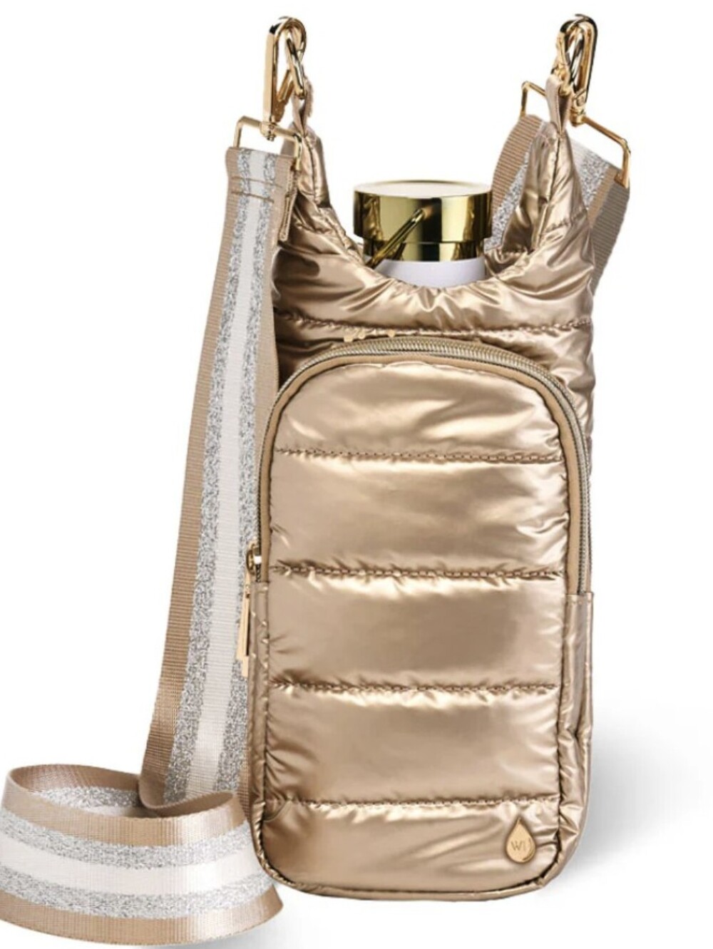 Wanderfull quilted Metallic Crossbody Puffer Hydrobag in Gold Adjustable Strap